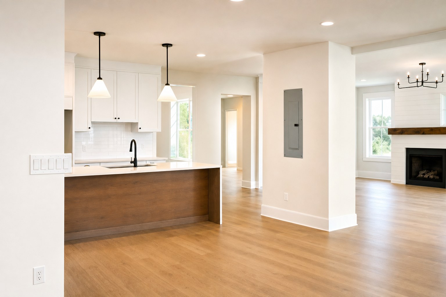 Finished room with installed electrical fixtures and devices