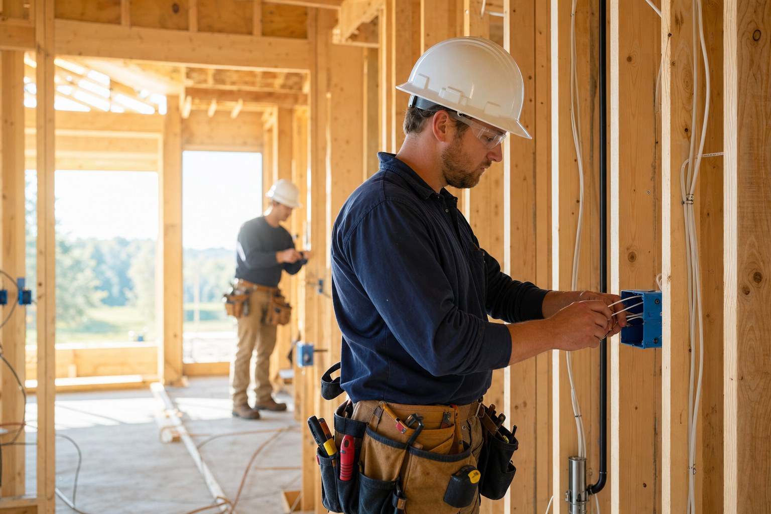 Electrician working on rough-in wiring inside a framed building