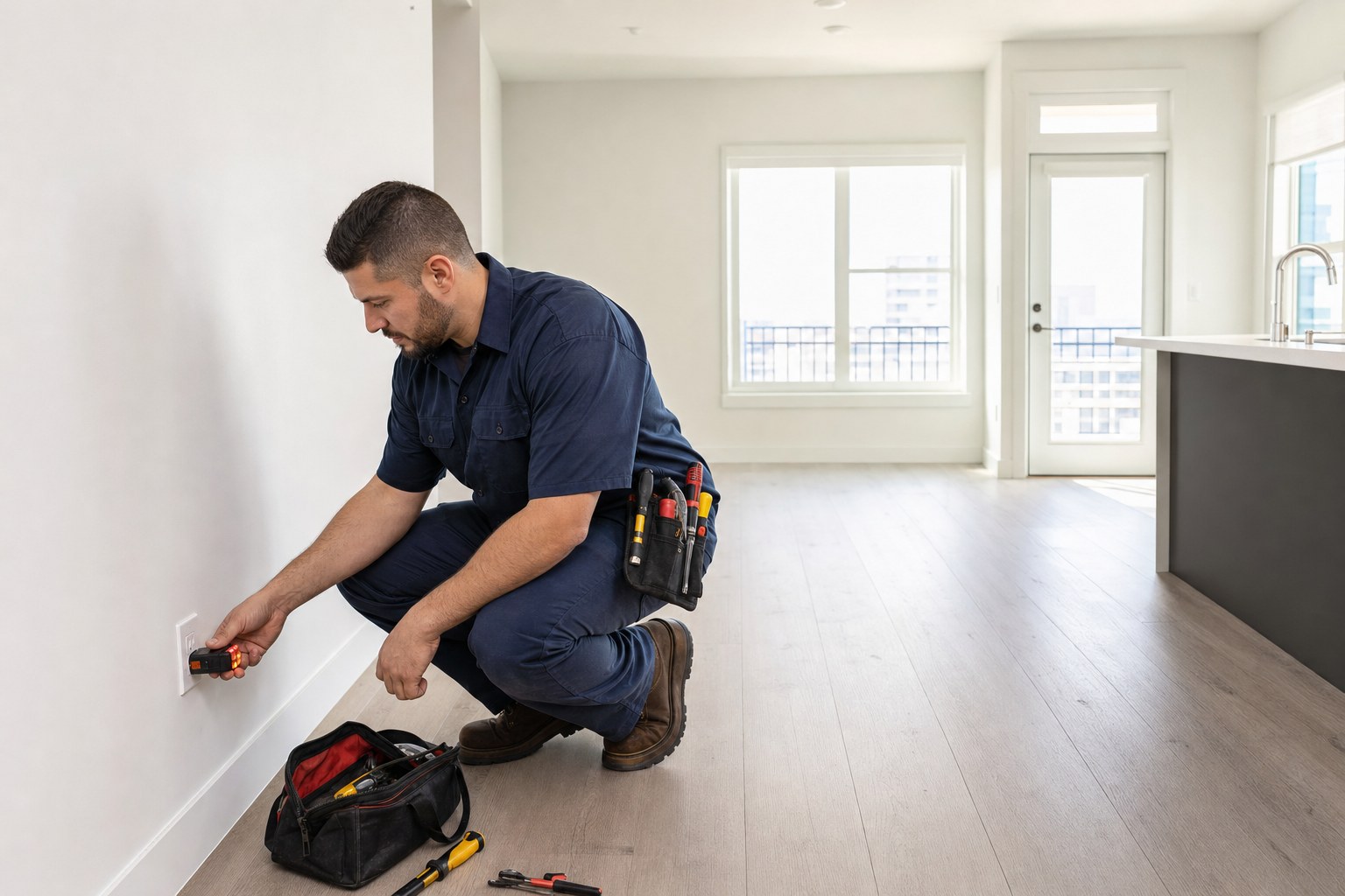 Electrician testing an outlet in a vacant apartment